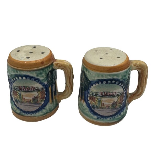 Vintage Reno Ceramic Salt & Pepper Shaker Mugs With Scenic Design - Picture 1 of 6